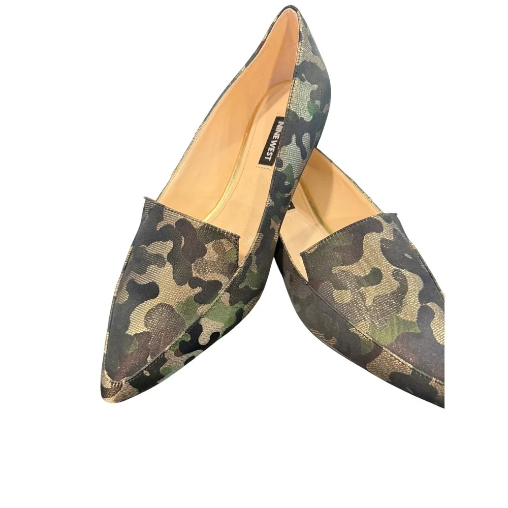 Nine West Womens Camo Metallic Gold Jacquard Pointed Toe Loafers Flats 8M - Picture 2 of 6